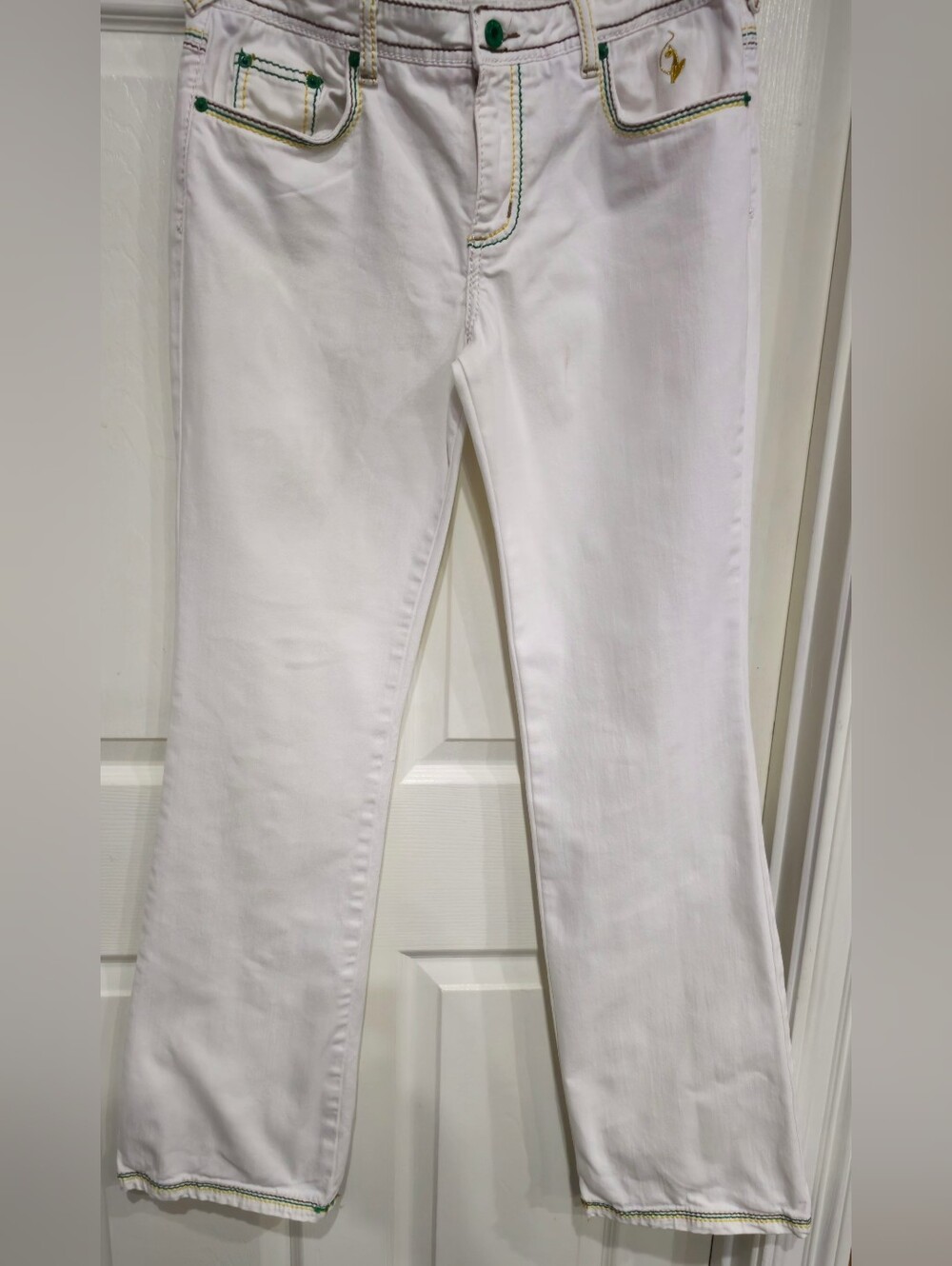Baby Phat White Flare Jeans with Green Accent Stitching